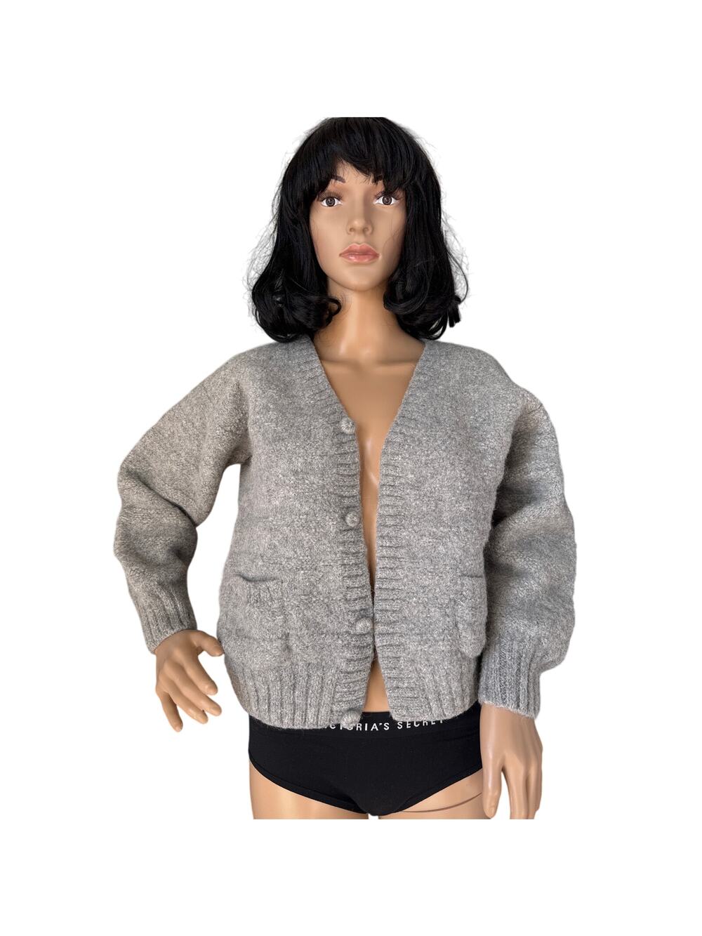 Peruvian Alpaca V neck Sweater in gray faux button down, side pockets medium